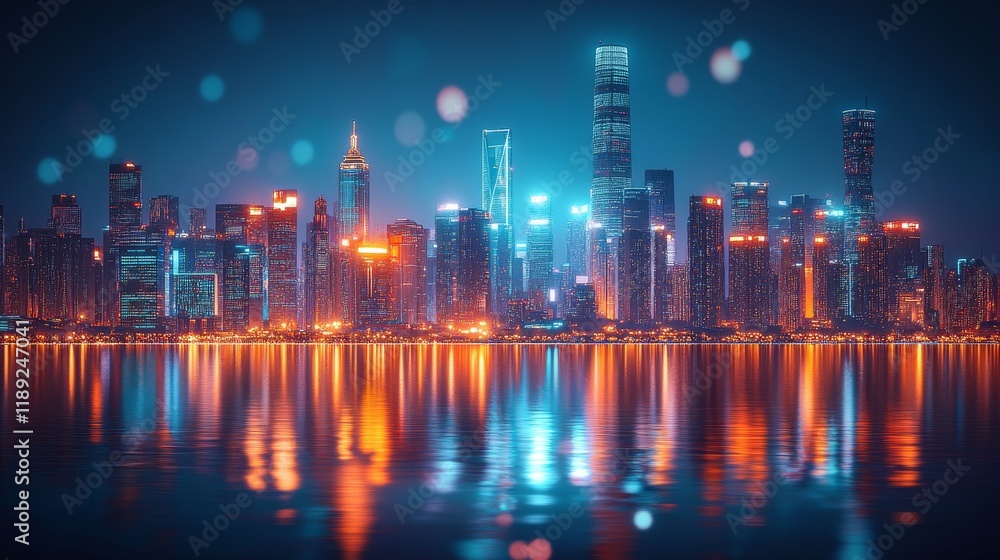Obraz premium Spectacular night cityscape with illuminated skyscrapers reflecting on water