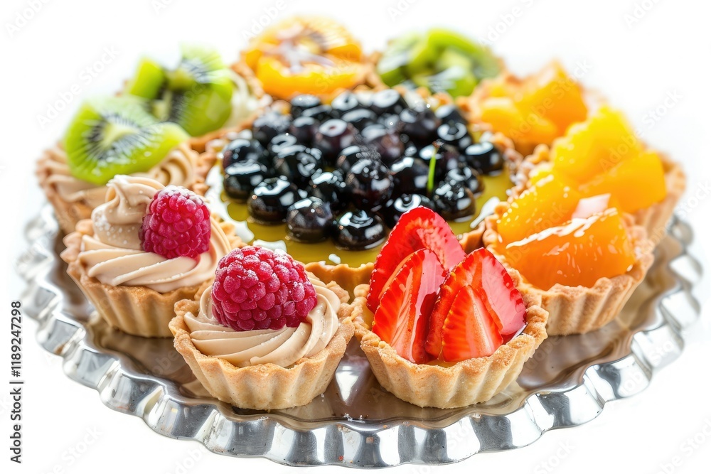 High Definition Image of Colorful Fruit Tarts with Creamy Fillings on a Silver Platter High Definition Image of Colorful Fruit Tarts with Creamy Fillings on a Silver Platter