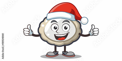 personnage d'huître, debout avec les pouces en l'air et avec un bonnet de Noël dessus - fond white.Smiling Oyster Character with Santa Hat.