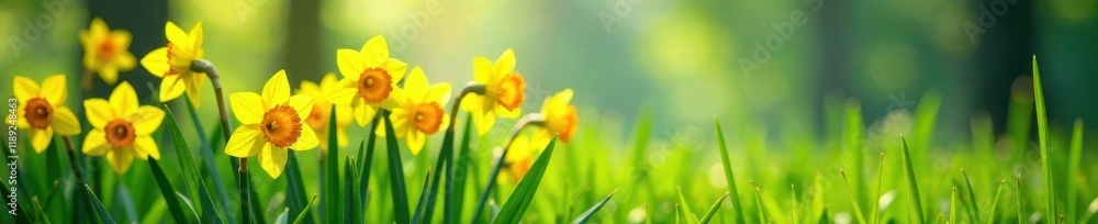 Vibrant daffodils standing tall among lush grass, green, spring flowers, yellow Vibrant daffodils standing tall among lush grass, green, spring flowers, yellow