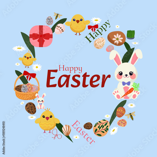 Happy Easter greeting card with eggs, flowers and leaves. Colorful holiday flat vector illustration
