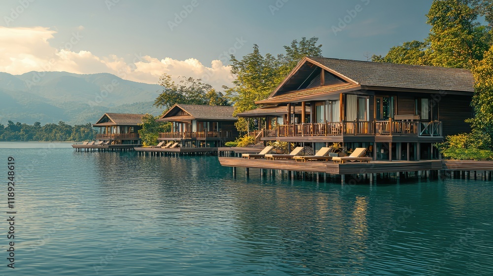Naklejka premium Scenic Lakeside Resort with Wooden Cabins and Mountain Backdrop