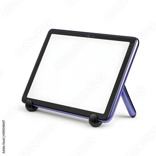 A blue tablet is sitting on a stand