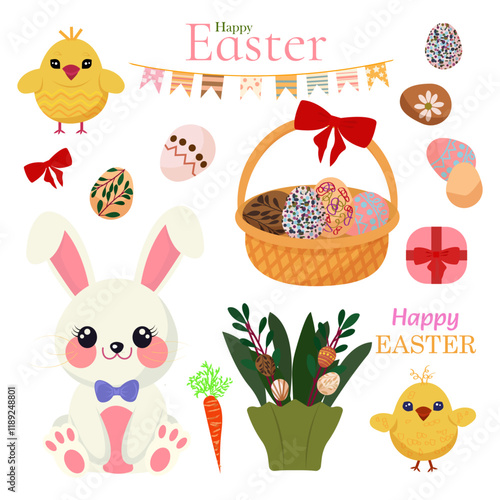 Set of flat vector illustrations for Easter day. Collection of easter cartoon characters and spring decorative elements - bunnies, eggs, chickens, flowers, busket and others