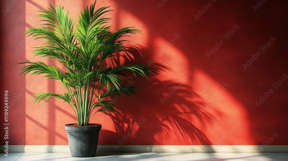 Vibrant red wall with palm shadow: modern interior design inspiration Vibrant red wall with palm shadow: modern interior design inspiration