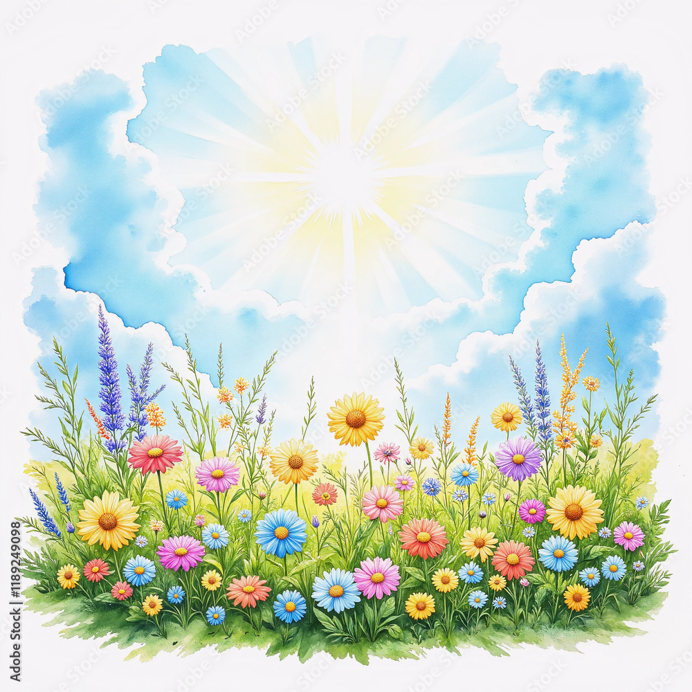 Colorful wildflowers in a sunlit meadow with blue sky and clouds
Colorful wildflowers in a sunlit meadow with blue sky and clouds