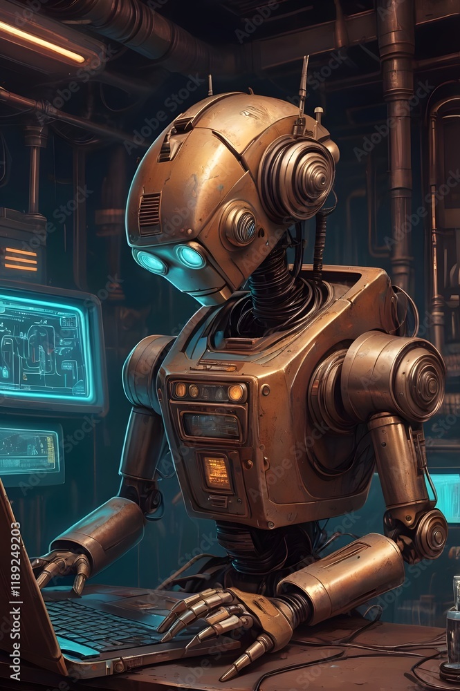 Fototapeta premium vintage robot using a laptop artificial intelligence technology AI computer LLM