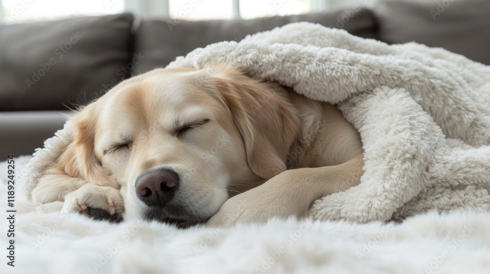 Obraz premium A golden retriever dog peacefully sleeps under a soft, fluffy blanket on a cozy bed.
