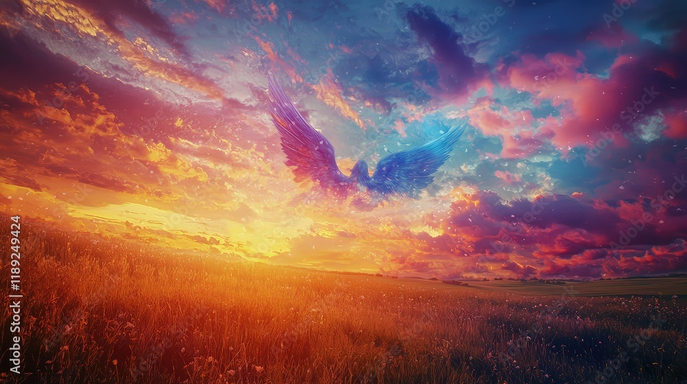 Fototapeta premium Ethereal Wings Against a Stunning Sunset Over a Serene Landscape