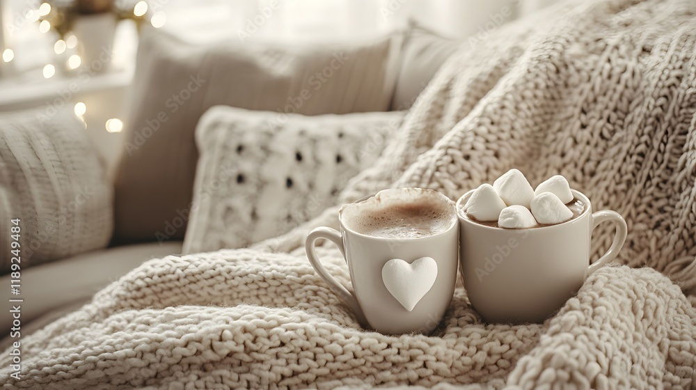 Cozy hot cocoa with marshmallows on sofa, winter lights background, home relaxation Cozy hot cocoa with marshmallows on sofa, winter lights background, home relaxation