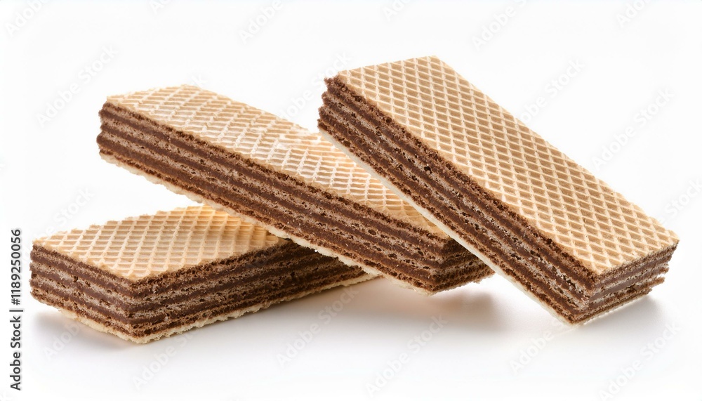 The image showcases a stack of layered chocolate wafers. The image showcases a stack of layered chocolate wafers.