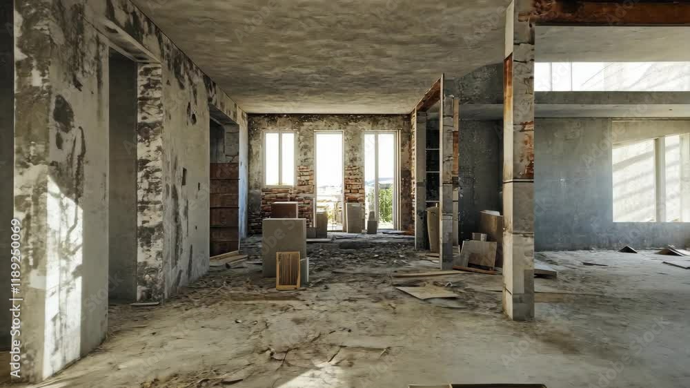 Renovation project in an old building showcasing transformation of an interior space with light streaming through windows Renovation project in an old building showcasing transformation of an interior space with light streaming through windows