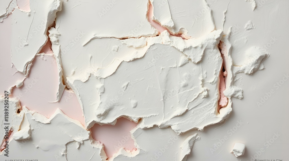 Obraz premium Cracked white paint with pink patches in abstract style in white, pink colors representing texture, background, surface.
