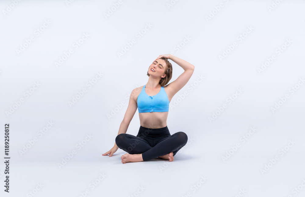 Full body length gaiety shot athletic and sporty woman doing healthy and meditative yoga exercise workout posture on isolated background. Healthy active and body care lifestyle Full body length gaiety shot athletic and sporty woman doing healthy and meditative yoga exercise workout posture on isolated background. Healthy active and body care lifestyle
