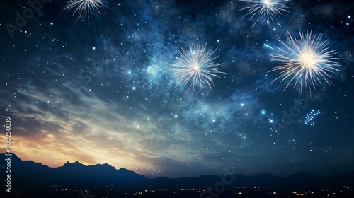 A photo of fireworks in a star field