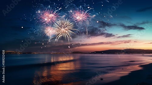 A photo of fireworks over an ocean horizon