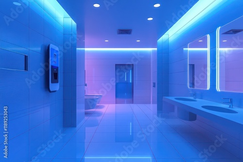 A high-tech bathroom with touchless fixtures, integrated lighting, and a sleek modern design photo