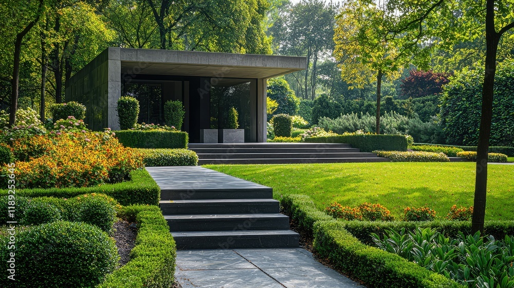 Fototapeta premium Modern Architectural Structure Surrounded by Lush Green Gardens