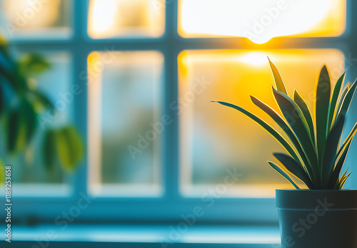 Indoor plant in sunlight near window, minimalist home decor creating a bright and refreshing atmosphere for living spaces or botanical interior design themes photo