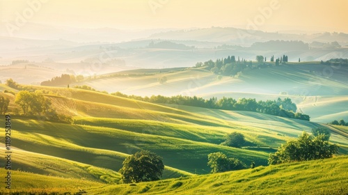 Fototapeta Naklejka Na Ścianę i Meble -  a serene countryside landscape painted with the colors of dawn, with gentle hills and meandering streams bathed in soft morning light, white space in the center of the page for text