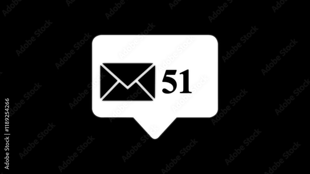 Social media notification message and mail counting counting number 0 to 100 animation on white background. Animation mail icon on black background.
