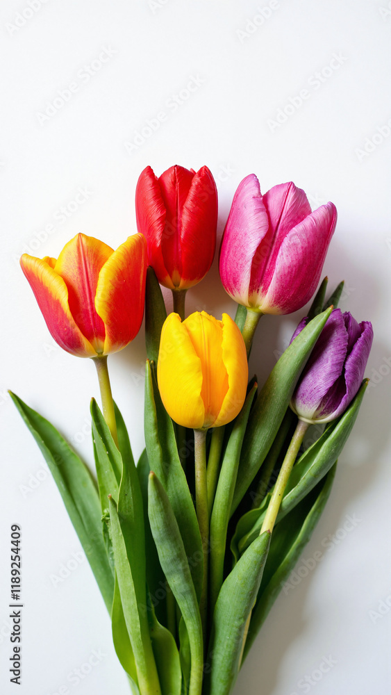 Vibrant Tulip Arrangement on White: Perfect for Greeting Cards, Floral Ads, and Spring Promotions Vibrant Tulip Arrangement on White: Perfect for Greeting Cards, Floral Ads, and Spring Promotions