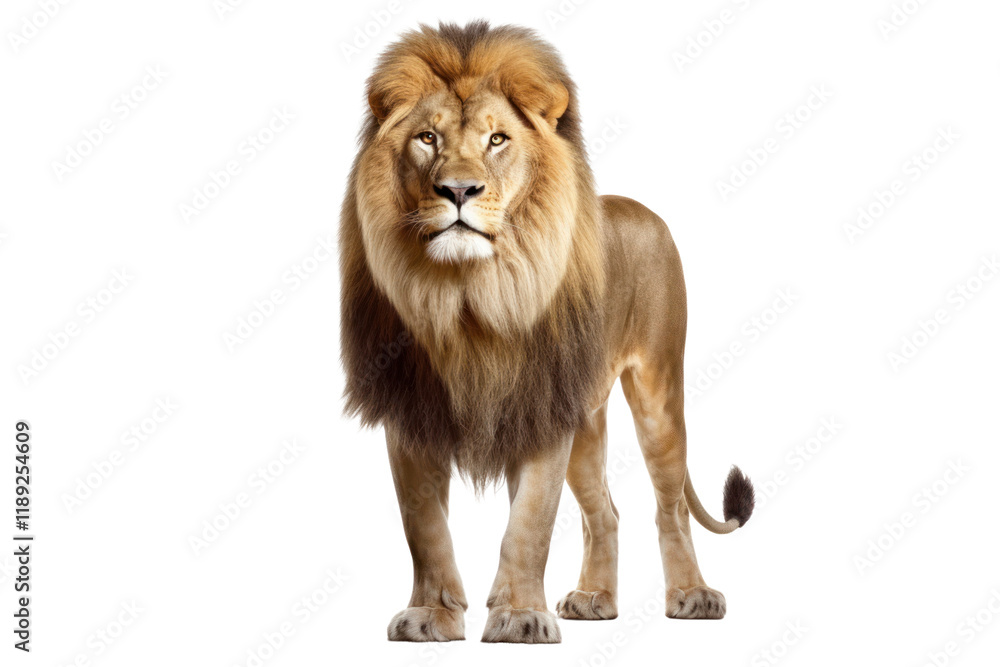 Obraz premium Majestic lion standing proudly, showcasing its golden mane and powerful physique, with piercing amber eyes gazing into the distance
