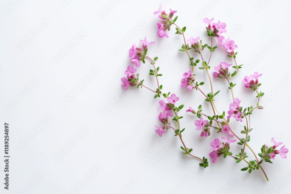 sprig of thyme with pink flowers on a white background sprig of thyme with pink flowers on a white background
