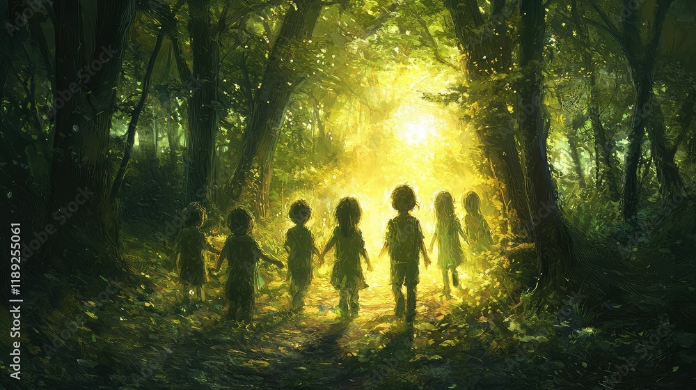 Children Walking Through Enchanted Forest with Glowing Light Children Walking Through Enchanted Forest with Glowing Light