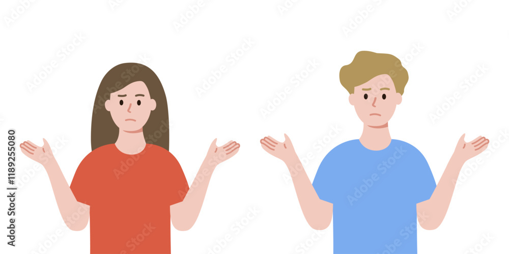 Confused child girl and boy raising hand. Problem solving, idea, challenge, decision making, brainstorm, solution concept. Flat people character vector design illustration. Confused child girl and boy raising hand. Problem solving, idea, challenge, decision making, brainstorm, solution concept. Flat people character vector design illustration.