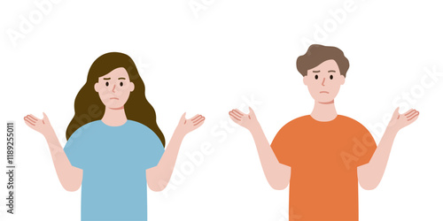 Confused woman and man raising hand. Problem solving, idea, challenge, decision making, brainstorm, solution concept. Flat people character vector design illustration.