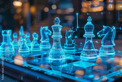 Digital chess match in progress futuristic setting holographic pieces urban environment midgame dynamics photo