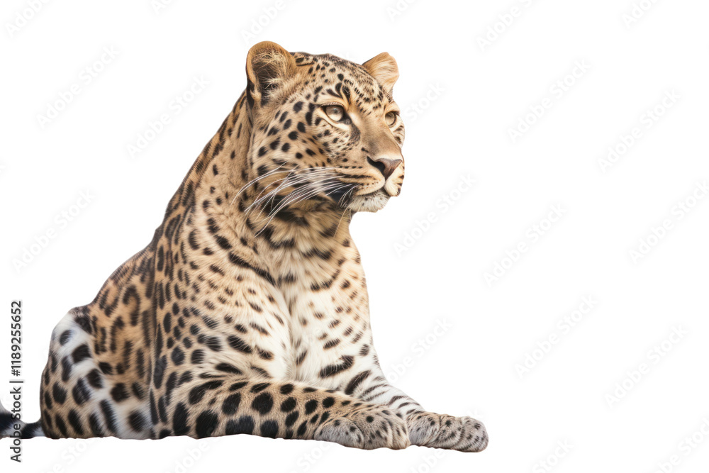 Portrait of a leopard sitting and looking alertly to the side, with its coat vividly detailed and rosettes clearly visible, capturing its wild essence. Portrait of a leopard sitting and looking alertly to the side, with its coat vividly detailed and rosettes clearly visible, capturing its wild essence.