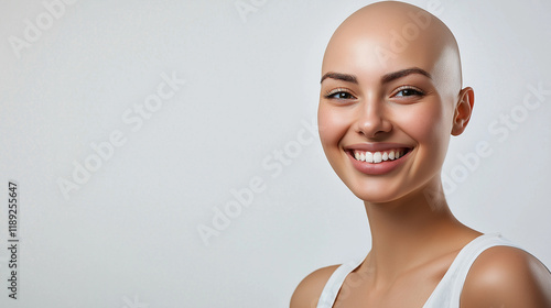 Smiling bald woman radiating confidence and positivity, representing cancer survivors, strength, and hope, perfect for World Cancer Day themes and awareness designs.	 photo