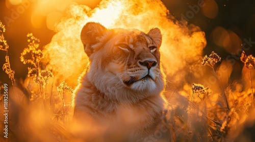 Majestic lion in golden sunrise african savanna wildlife natural habitat close-up serenity of nature photo