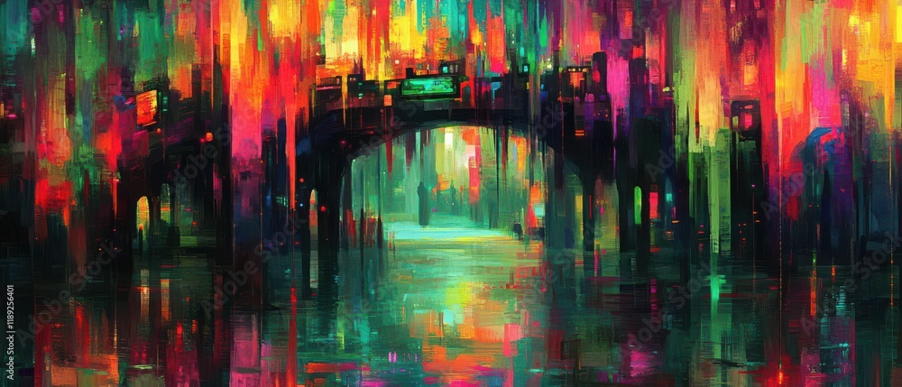 Fototapeta premium Vibrant abstract landscape with a colorful bridge reflecting in water.