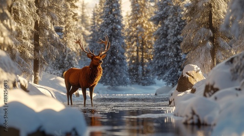 Wallpaper Mural A majestic stag stands by a tranquil, snowy river surrounded by tall trees. Torontodigital.ca