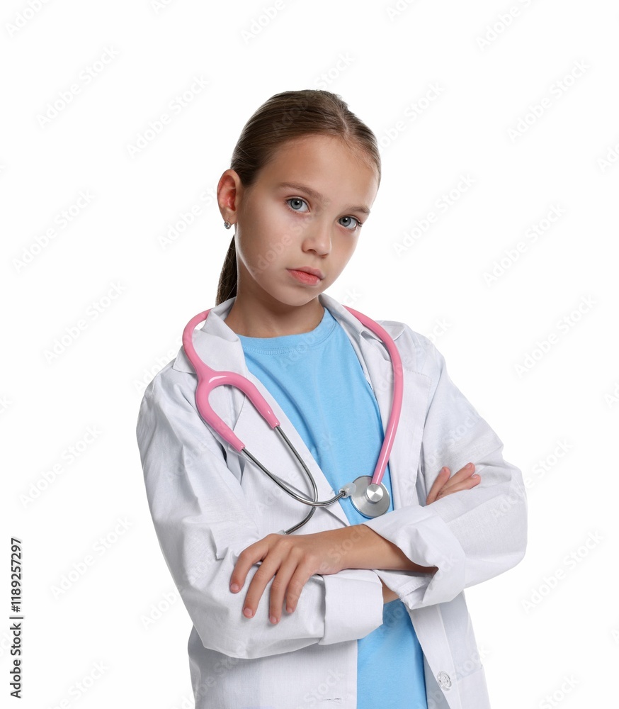 Girl with stethoscope pretending to be doctor on white background. Dreaming of future profession Girl with stethoscope pretending to be doctor on white background. Dreaming of future profession