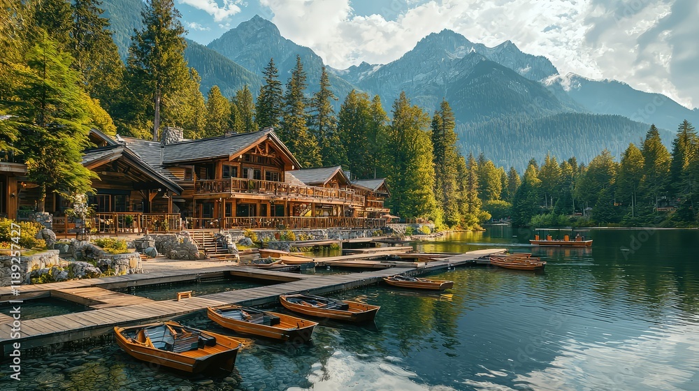Naklejka premium Scenic View of Mountain Lodge by Calm Lake with Wooden Boats