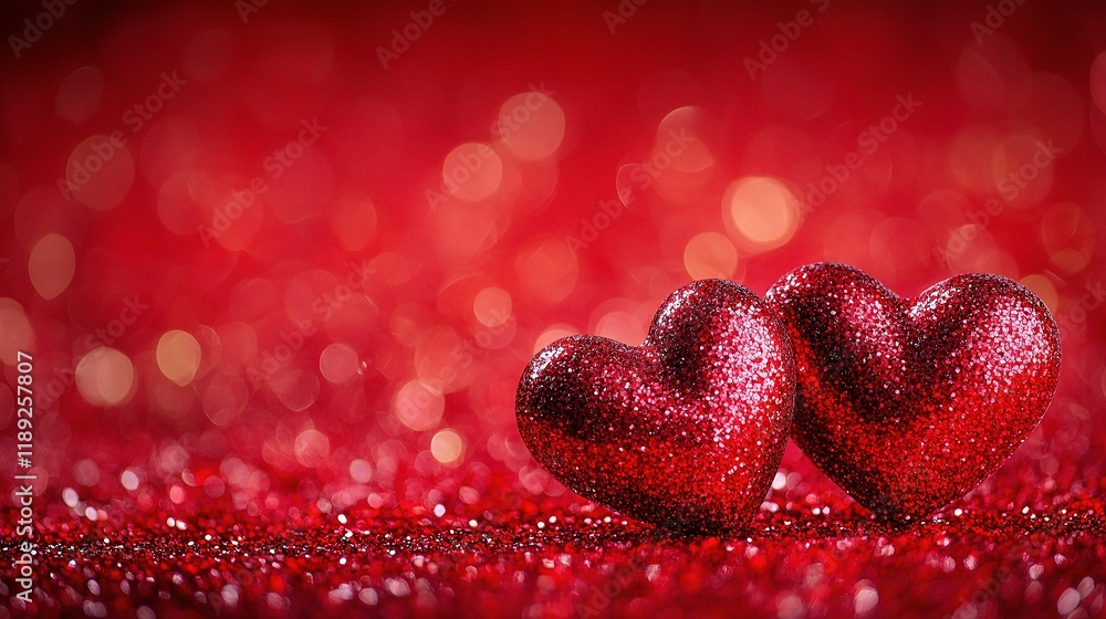 Two Sparkling Red Hearts on Vibrant Red Background with Glitter Two Sparkling Red Hearts on Vibrant Red Background with Glitter