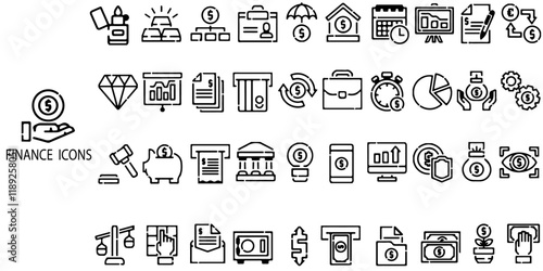 Finance simple concept 28 icons set. Contains such loan, cash, saving, financial goal, profit, budget, mutual fund, earning money and revenue .Vector illustration.