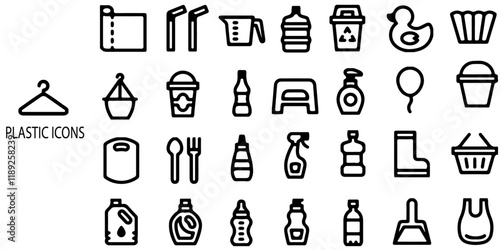 Plastic simple concept 28 icons set. Contains such  Disposable tableware, water bottle, blister pack, container, canister, garbage bag, bubble .Vector illustration.