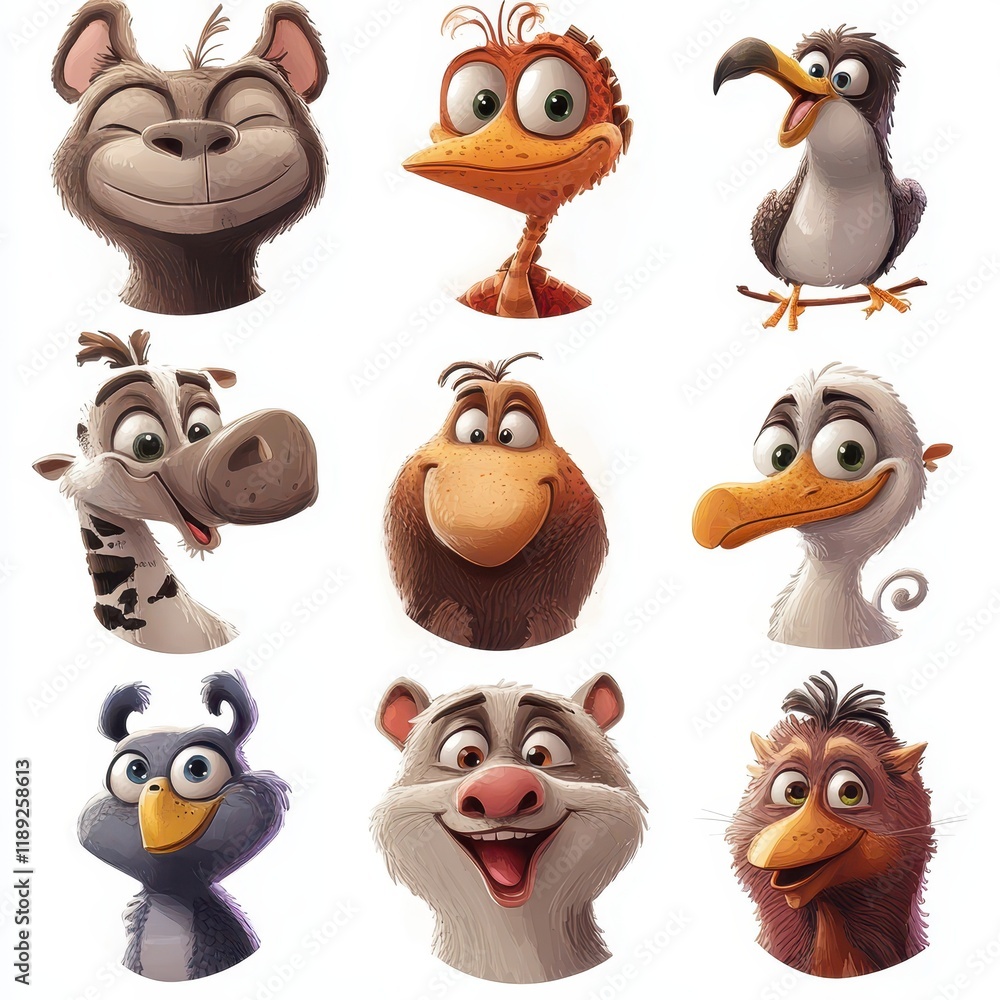 Fototapeta premium Nine Happy Cartoon Animal Faces Smiling Cheerfully