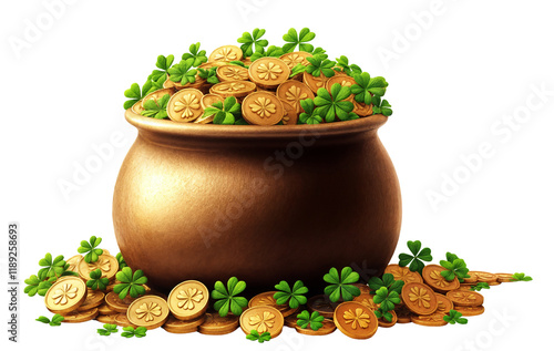 Pot of gold coins and four-leaf clovers. St. Patrick's Day, Irish, luck, treasure themes photo