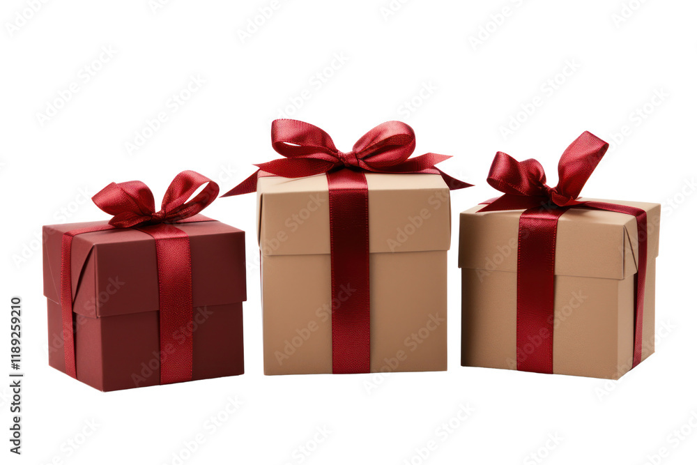Fototapeta premium Three gift boxes of different shapes arranged in a row, each tied with a red ribbon and bow.