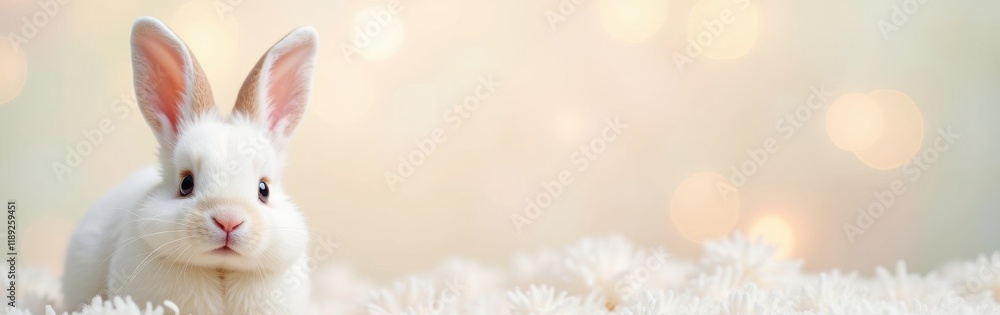 Fototapeta premium Cute white rabbit with large ears and pink nose sitting on a soft, fluffy carpet. Easter, spring, background with copy space