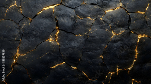 Deep onyx black and gold textured rock surface with intricate cracks and luminous metallic accents photo