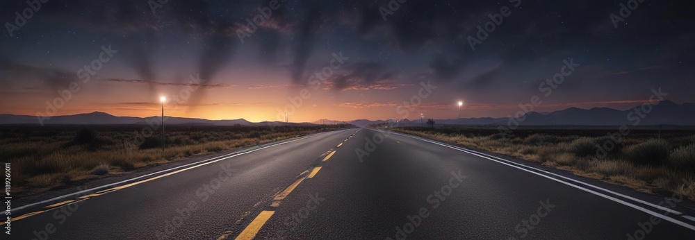Fototapeta premium Nighttime landscape of a long asphalt road with a distant horizon, vastness, roadscape