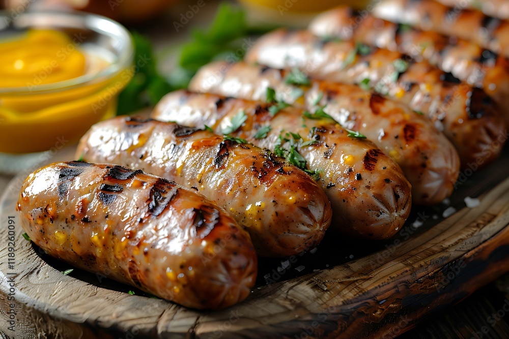 Delicious Grilled Sausages Served with Warm Pretzel and Mustard Dip Delicious Grilled Sausages Served with Warm Pretzel and Mustard Dip