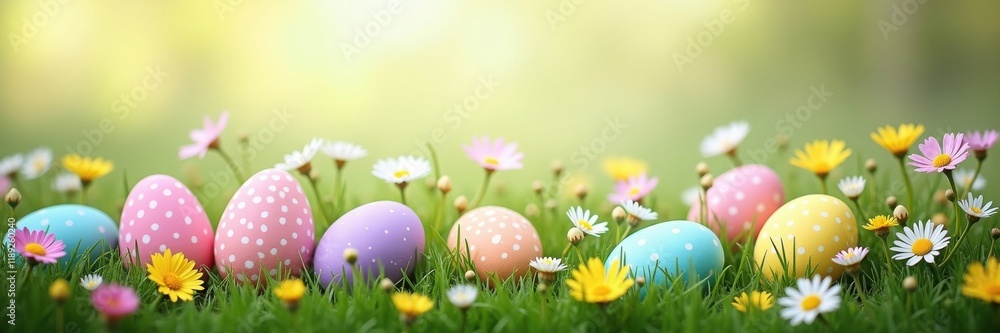 Colorful Easter eggs nestled in grass with spring flowers in the background. Easter, spring, nature themes background with copy space Colorful Easter eggs nestled in grass with spring flowers in the background. Easter, spring, nature themes background with copy space